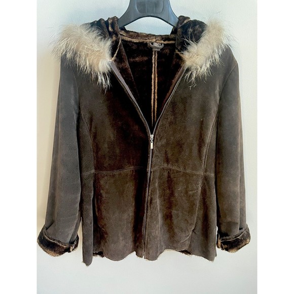 EMC Leather Suede, Fur Lined Hood, Winter Coat Women’s. LRG - Picture 1 of 5